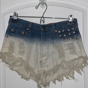 Blue & White Denim Studded High Waisted Shorts
